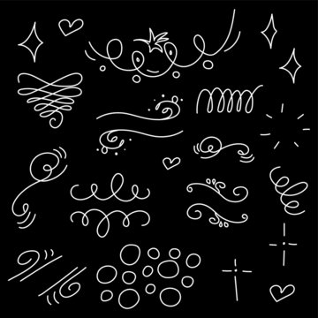 Hand drawn set elements, white on black background. Swirl, squiggles, leaf, sun, arrow, swoops, emphasis ,heart for concept design. 