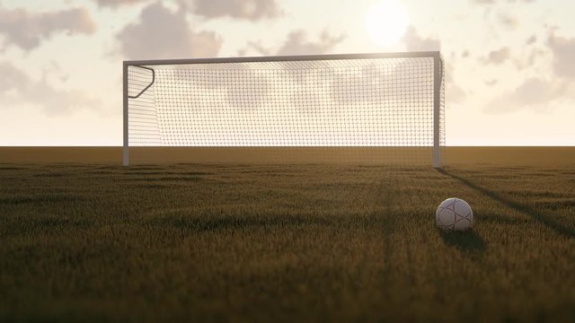 Soccer Ball on grass field in front of Goal bar against sunset light | 3D Animation 