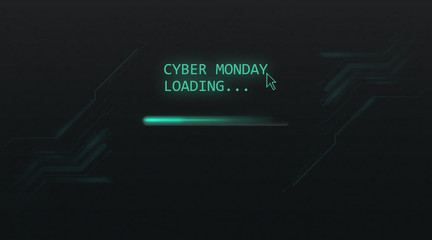 Banner for cyber monday sale with circuit background, glowing loading bar and pixelated mouse cursor