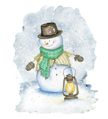 Snowman with hat, scarf, street oil lamp and mittens on winter snow background. Watercolor Illustration. Christmas card - 303946742