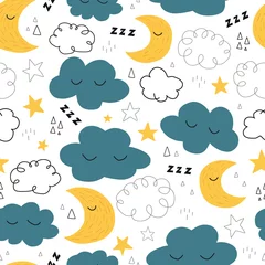 Selbstklebende Fototapeten Good Night seamless vector pattern with cute sleeping moon, stars and clouds. Sweet dreams repeating background. Vector illustration for fabric, kids wear, bedding, nursery © StockArtRoom
