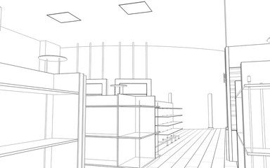 shopping mall, contour visualization, 3D illustration, sketch, outline