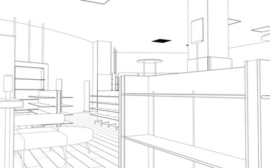 Fototapeta premium shopping mall, contour visualization, 3D illustration, sketch, outline