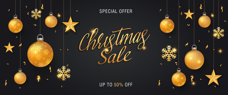Christmas sale black background banner or web header with glitter gold elements, snowflakes, stars and calligraphy