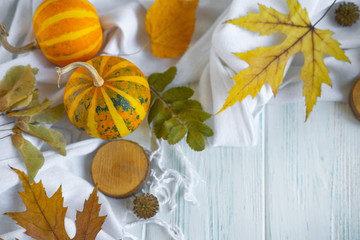 Fototapeta na wymiar Autumn background with pumpkins, autumn fallen leaves on a light wooden background. Flat lay, top view.