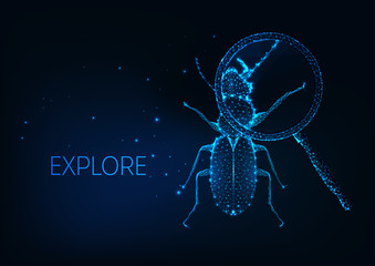 Futuristic Science project exploration, curiosity concept with insect bug under magnifying glass