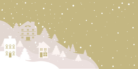Fairy tale winter landscape. Seamless border. Christmas background. There are white silhouettes of fantastic houses and tree background. Vector illustration