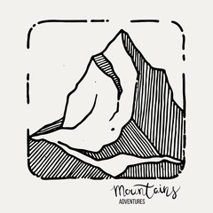 Mountain Adventures. Vector grunge hand drawn landscape