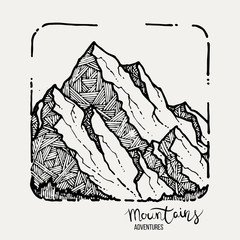 Mountain Adventures. Vector grunge hand drawn landscape