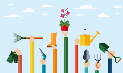 Flat design illustration of hands holding gardening tools. Hands holding various items for gardening and growing flowers.
