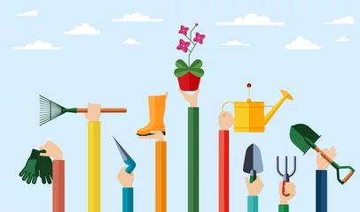 Foto op Plexiglas Flat design illustration of hands holding gardening tools. Hands holding various items for gardening and growing flowers. © Dejan Jovanovic