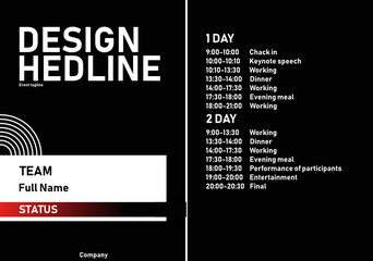  Black name badge for the event with the name, team name and schedule for two days