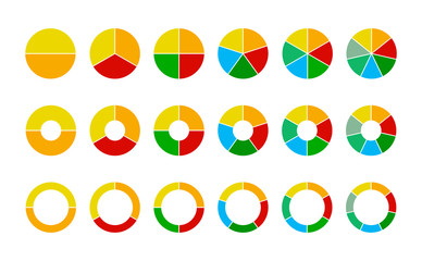 Set of wheel business chart icons in a variety of segments isolated on white.