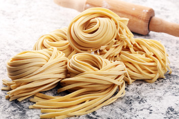 Closeup of raw homemade pasta. fresh italian traditional raw fresh pasta