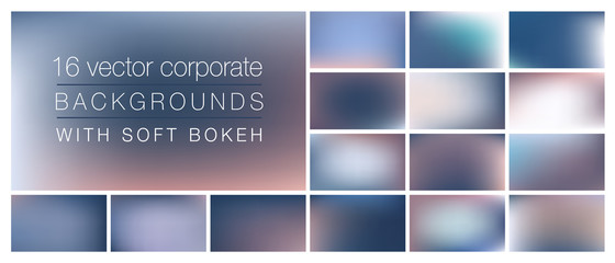 16 corporate backgrounds with soft bokeh and smooth blurry colors. Ideal background templates for using as backdrop in social media posts, emails, presentations with professional business look&feel.