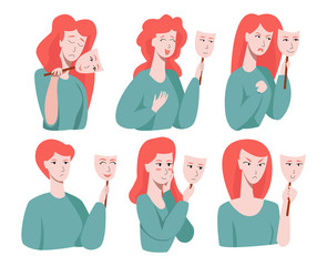Vector with various human emotions that person hides under a social mask cry, smiling, women, happy, laugh, anger. Pictured is set with women. Concept social restrictions, closed, insincere feelings.