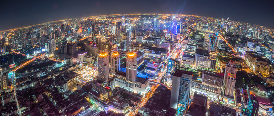 Fototapeta na wymiar Aerial Panoramic Cityscape View of Bangkok with Street Lights at Night