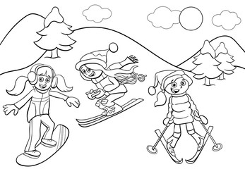 snowboarding and skiing girls cartoon color book page