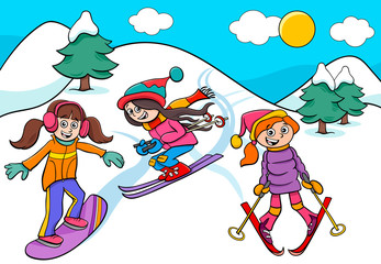 Obraz na płótnie Canvas snowboarding and skiing girls cartoon illustration