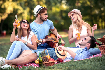 Happy young friends having picnic in the park