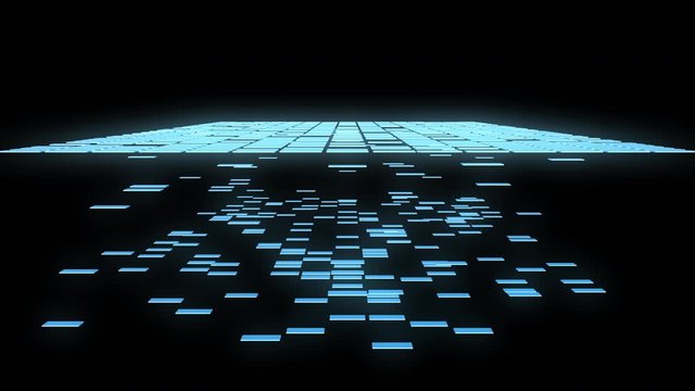 Blue glowing squares falling. Abstract 3d animation.