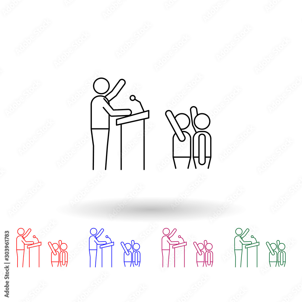 Poster a man on the rostrum in front of voters multi color icon. simple thin line, outline vector of electi