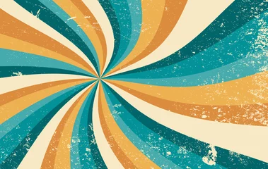 Poster Retro-Starburst-Sunburst-Hintergrundmuster und Grunge-strukturierte Vintage-Farbpalette von orange, gelb und blaugrün in spiralförmigem oder gewirbeltem, radial gestreiftem Vektordesign © Arlenta Apostrophe