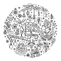 Christmas doodles set. Merry Christmas greeting card. Black and white vector illustration. Hand drawn outline elements and holiday symbols.