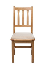 Classic wooden chair from a natural oak with a soft seat, with clipping path on white background.