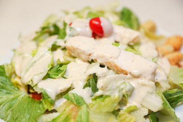 Fresh salad with chicken breast, arugula and tomato. Top view - Image