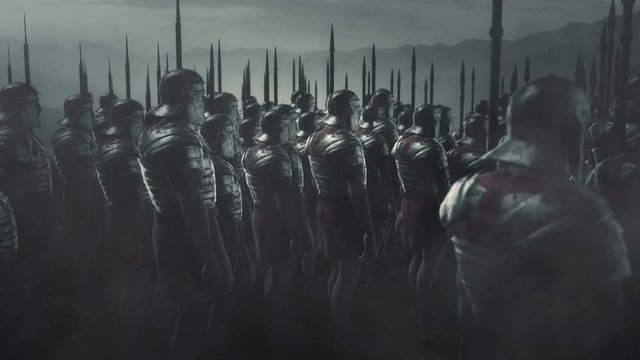 Armed Roman Soldiers Wearing Full Armor Standing in Formation
