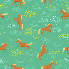 Seamless pattern of wild horses in the field. Vector graphics.