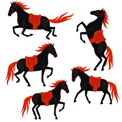 Set of black horses with red mane and tail isolated on a white background. Vector graphics.