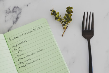 Fototapeta na wymiar plant-based diet notebook with food category list with fork and small branch of leaves