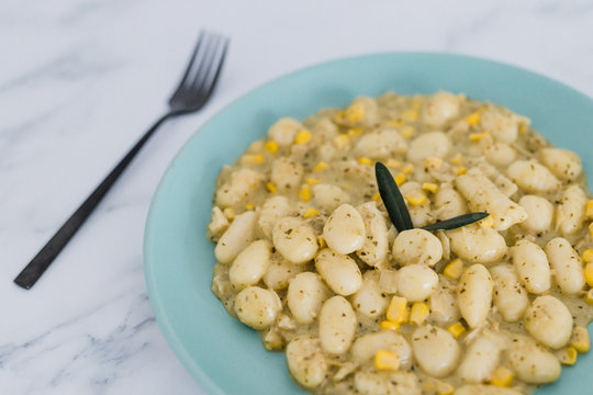 Vegan Pesto Gnocchi With Corn