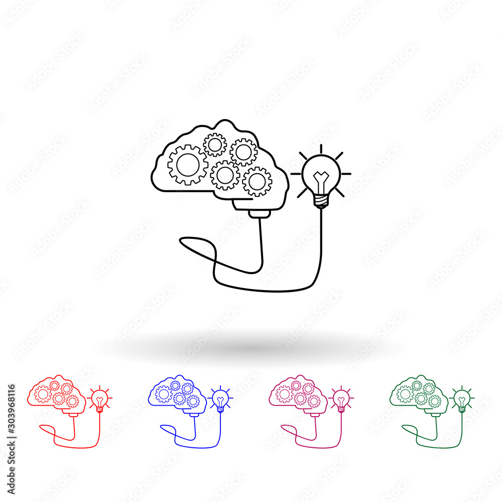 Poster a brain with gears connected to a light bulb multi color icon. simple thin line, outline vector of i