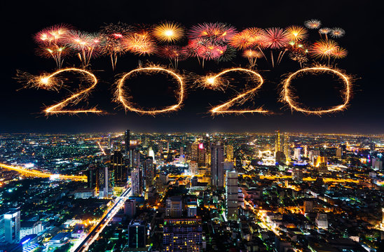 2020 happy new year fireworks over Bangkok cityscape at night, Thailand