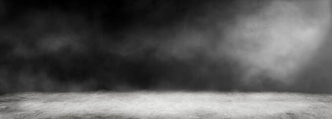 Empty space of Studio dark room with white fog and concrete floor for interior decoration.