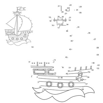 Puzzle Game for kids: numbers game. Cartoon sail ship. Coloring book for children.