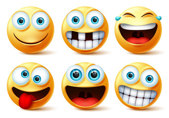 Emojis vector face set. Emoticons and emoji cute faces in crazy, funny, excited, laughing, and toothless facial expressions isolated in white background. Vector illustration. 