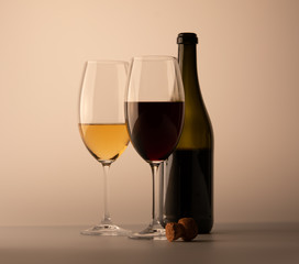 Two wineglass white and red wine and bottle of wine