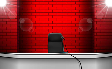 microphone on the white table with red brick wall background