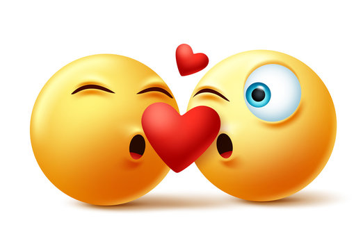 Emoticon or emoji of couple kissing faces vector concept. Valentines emojis kissing and in love with heart element in white background. Vector illustration.