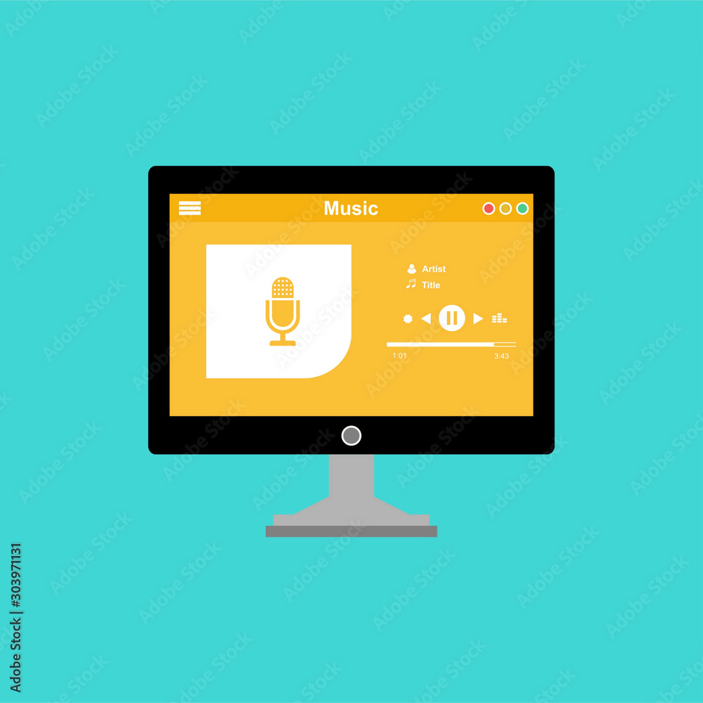 Wall mural music player app interface vector color template. media player navigation screen. flat ui, gui. play