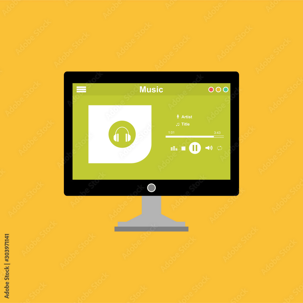 Wall mural music player app interface vector color template. media player navigation screen. flat ui, gui. play