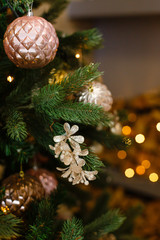 Christmas tree background. New Year composition with spruce and lights. Close up image of christmass tree