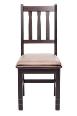 Classic brown wooden chair with a soft seat, with clipping path on a white background.