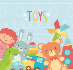 Obraz na płótnie Canvas doll bunny bear dinosaur rocket train car toys
