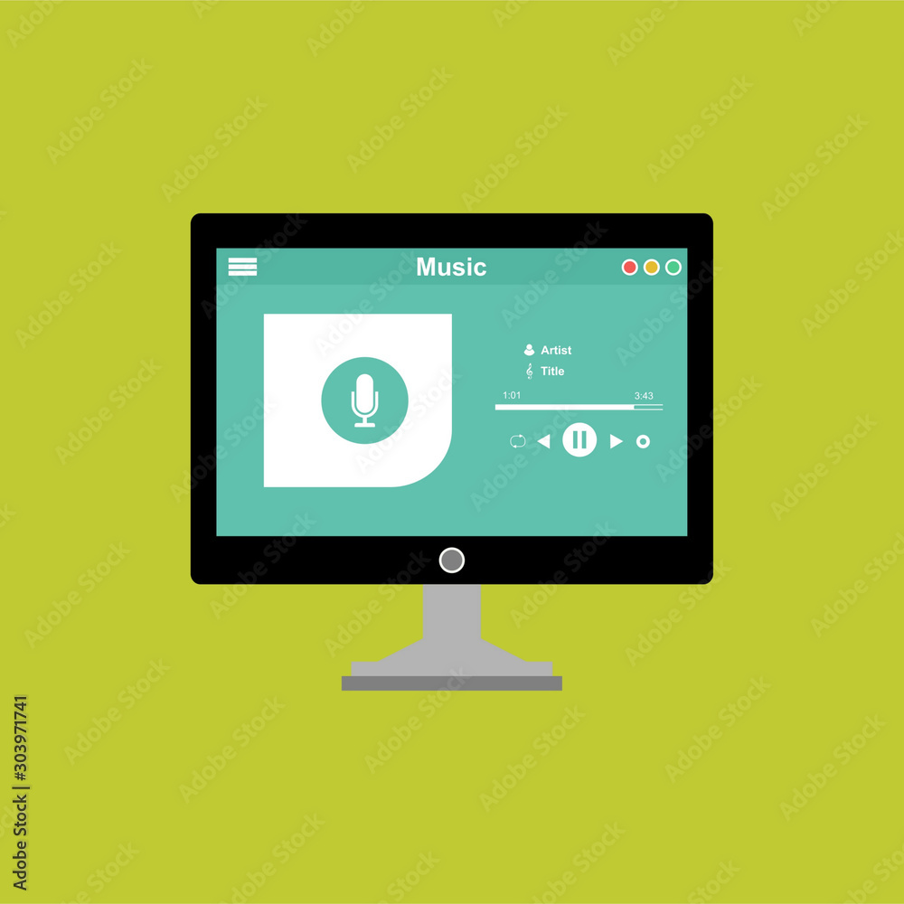 Wall mural music player app interface vector color template. media player navigation screen. flat ui, gui. play