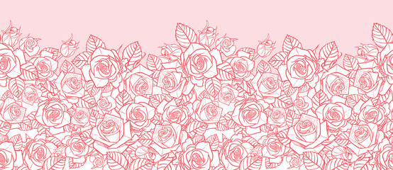 Vector pink monochrome roses and leaves outlines horizontal border. Perfect for greeting cards and invitation cards. - obrazy, fototapety, plakaty